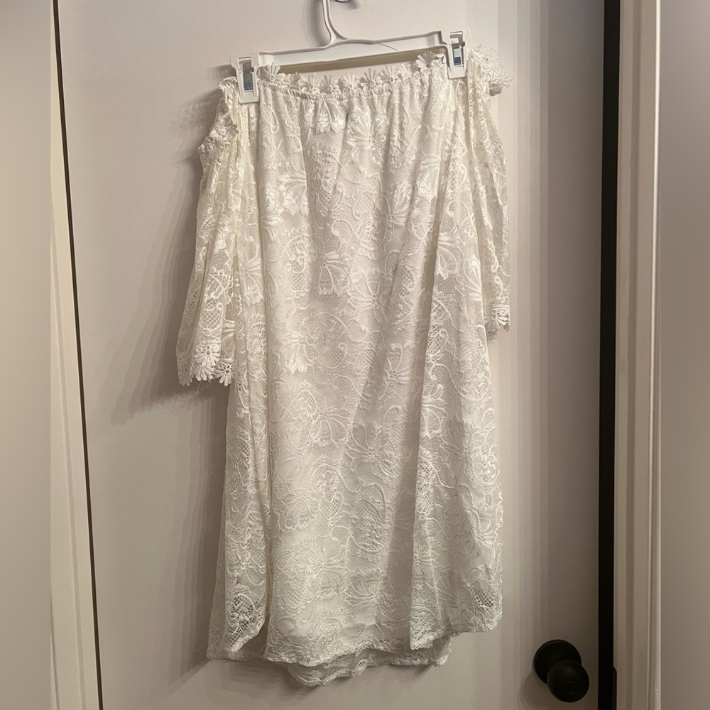 White Flower Lace Off The Shoulder Knee Length Dress